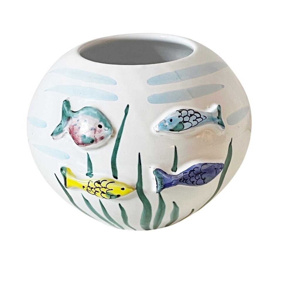 Italian Ceramic Vase with 3D Fish Hand Painted Round Shape Ocean Lake Home Decor